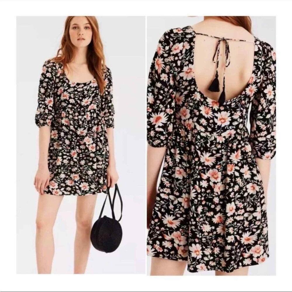 American Eagle Black Floral Babydoll Puff Sleeve Low Back Mini Dress Size XS